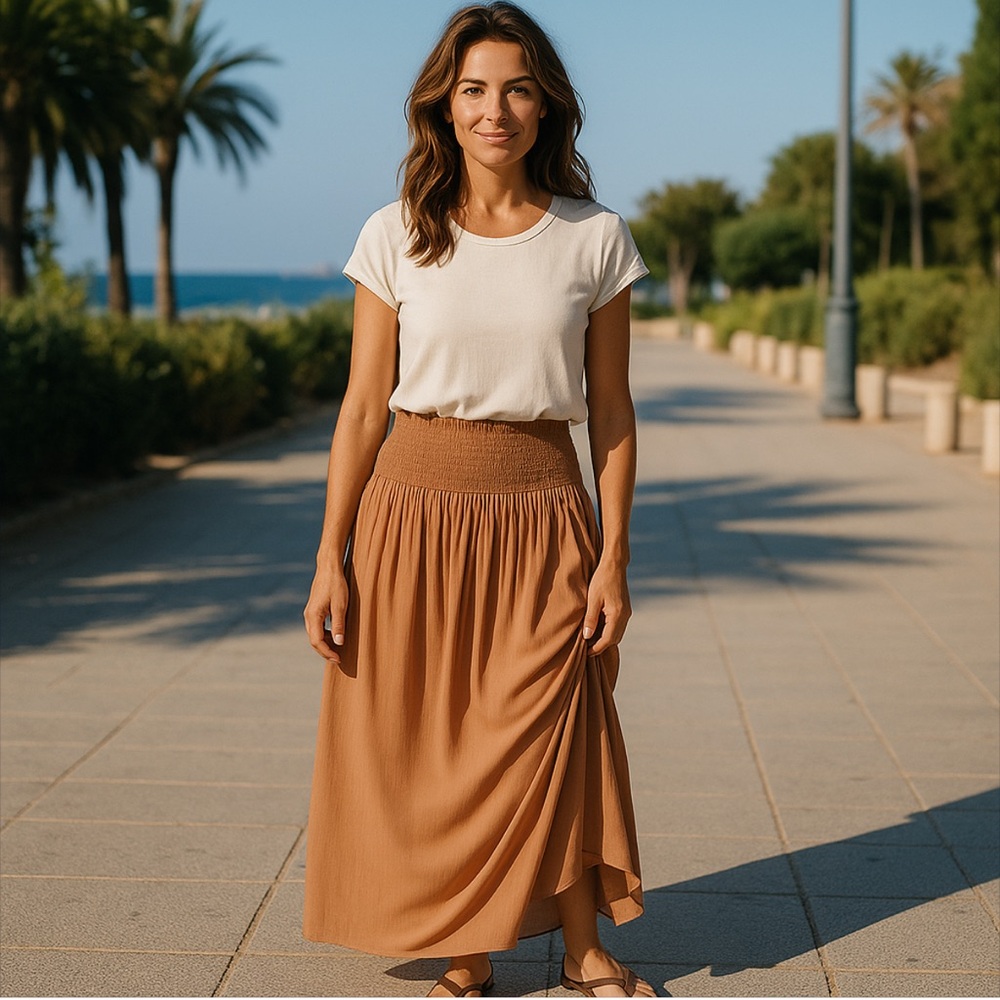 Anthropologie Two-Tone Pleated Maxi Skirt Dress in Beige and Camel - Picture 12 of 12